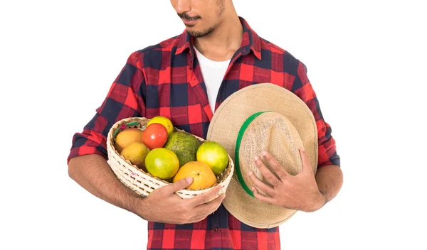 Midsection Farmer Holding Basket Fruits Orange Manga Avocado Khaki Isolated — Stock Photo, Image