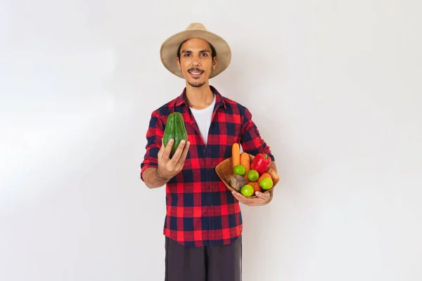 Farmer black man with hat and gloves holding a basket of vegetables (carrot, lemon, tomatoes, chayote and beet) isolated in white background