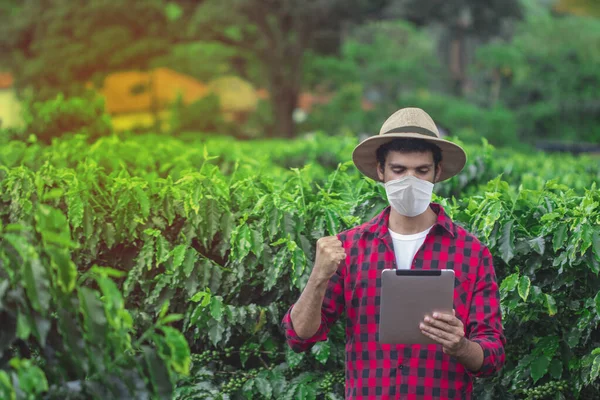 Agricultor Com Máscara Pandemia Vívida Comprimido Fazenda Campo Plantação — Fotografia de Stock