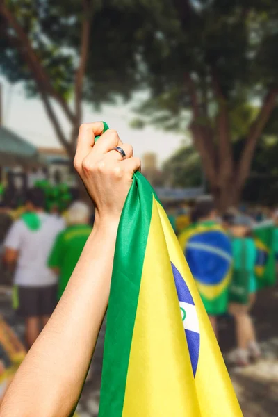 Homem Segurando Bandeira Manifestação Rua Contra Corrupção Brasil Democracia Pessoas — Fotografia de Stock