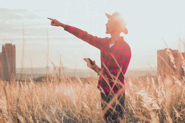 Agricultor Con Sombrero Tableta Móvil Apuntando Plantación Atardecer Edificios Ciudad —  Fotos de Stock