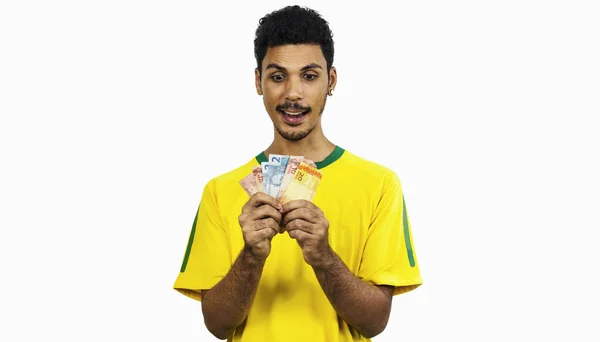 Férfi Fekete Atléta Egyenruhában Brazil Pénzzel Sportoló Elszigetelt Fehér Háttér — Stock Fotó