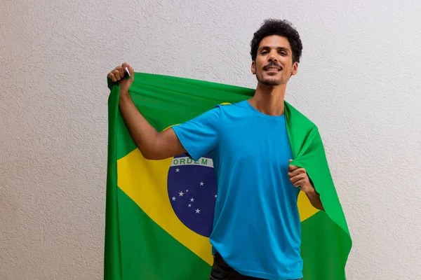Black Man Holding Brazil Flag Isolated White — стокове фото