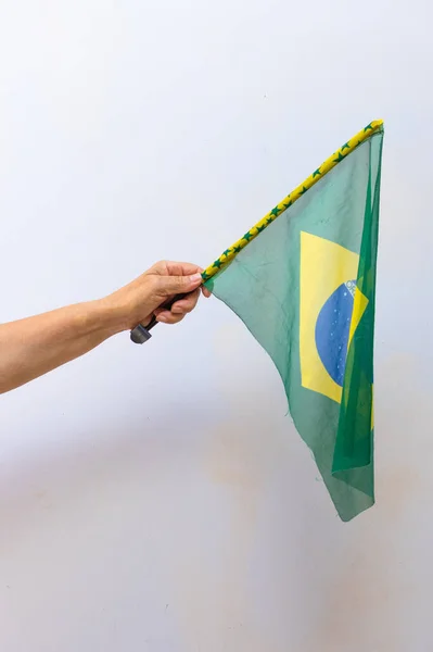 Brasilien Flagge Isoliert Auf Weißem Hintergrund Halten — Stockfoto