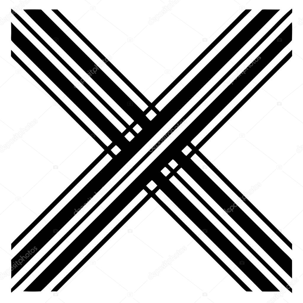 Black and white cross and check mark symbols with metallic sword and medieval design elements