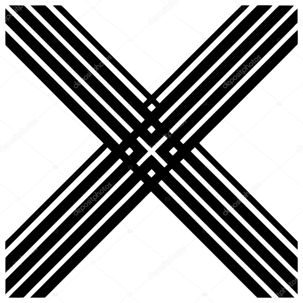 Black and white cross and check mark symbols with metallic sword and medieval design elements