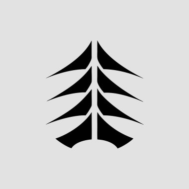 Tarafsız gri arka planda siyah soyut ağaç ikonu olan modern ve minimalist bir Noel. Bu grafik tasarımı, tatil kartları, davetiyeler ve web sitesi afişleri için basit, zarif, geometrik bir siluet içerir. Bu vektör illüstrasyonu p