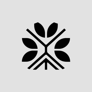 Siyah renkli zarif bir tasarıma sahip minimalist ve modern geometrik bir yaprak sembolü gri arka planda yer alır. Bu soyut vektör grafiği, logo tasarımı, markalaşma veya kurumsal kimlik için mükemmel, yapraklar, çiçek unsurları ve bir simp