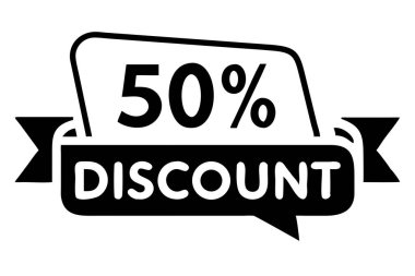 Klasik bir siyah-beyaz satış etiketi yüzde elli (yüzde 50) indirim yapar. Bu vektör illüstrasyonu perakende ortamlarda pazarlama ve tanıtım çabaları için mükemmeldir. Özel satış duyurusu için bu grafik tasarım ögesini kullanın