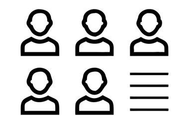 Basit vektör çizimleri kullanıcı profilleri, avatarlar ve menü seçenekleri, web ve mobil uygulamalar için idealdir. Bu modern, minimalist simgeler kullanıcı hesapları, navigasyon ve dijital arayüz elemanlarını temsil eder. UI / UX tasarımı ve web sitesi için mükemmel,