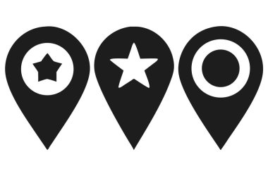 Siyah konum işaretlerinden oluşan bir vektör seti, simgeler, yıldız ve çember şeklinde semboller. Bu vektör illüstrasyon koleksiyonu navigasyon, GPS, haritalar, web ve uygulama tasarımı için idealdir. Bu modern, düz şekilli semboller konumu, adresi, bir