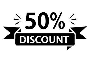 % 50 indirimli kurdele etiketli çarpıcı siyah beyaz bir illüstrasyon. Bu göz alıcı tasarım perakende tanıtım materyalleri ve reklamlar için idealdir, önemli bir satış teklifinin sinyalidir. Fiyat indirimini etkili bir şekilde iletiyor.