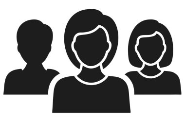 Siyah ve beyaz bir siluet, güçlü takım çalışmasını ve işbirliğini sembolize eden üç kişilik birleşik bir grup tasvir ediyor. Bu soyut simge, iş iletişimi, kurumsal markalaşma veya sosyal medya profilleri için ideal birlik ve topluluğu temsil eder.