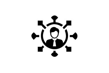 Bir siyah simge, dairesel ağın merkezinde dışarıya doğru yayılan kare ve dairesel düğümlerle bir takım elbise içindeki bir kişiyi betimler.