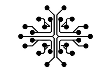 Beyaz zemin üzerinde birden fazla yayılan bağlantı ve düğümlere sahip bir devre kartına benzeyen siyah simetrik bir radyal tasarım..