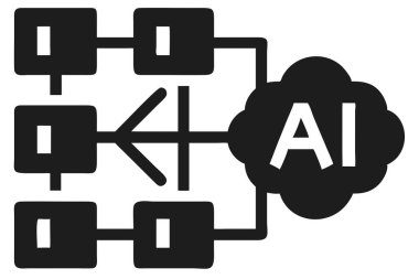 Veri akışı ve ağ bağlantılarını gösteren çizgiler yoluyla çoklu kare düğümlere bağlı bir bulut etiketi gösteren siyah ve beyaz simge.