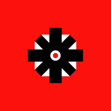 Kırmızı ve beyaz dairesel merkezli sekiz köşeli bir yıldıza benzeyen siyah ve beyaz bir geometrik sembol canlı kırmızı bir arkaplanda sergilenmektedir..