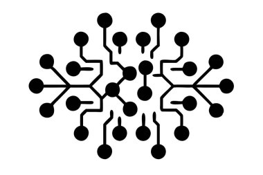 Beyaz zemin üzerinde birbirine bağlı düğüm ve çizgilerle simetrik siyah bir devre kartı deseni.