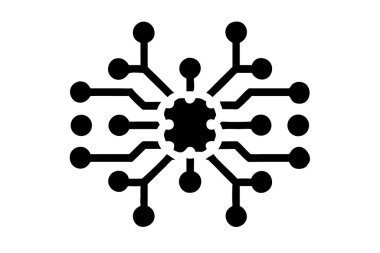 Merkezi işlemci ve beyaz zemin üzerinde ışık saçan düğümleri ve çizgileri olan siyah bir devre kartı simgesi.