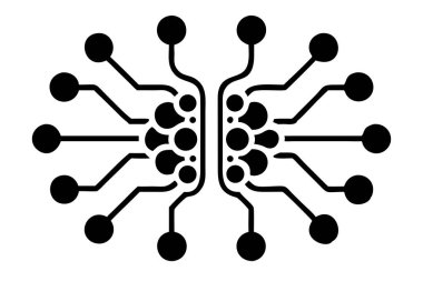Merkezi düğümlerden oluşan ve beyaz bir arkaplan üzerinde ışık saçan simetrik siyah bir devre kartı tasarımı.