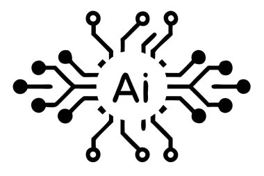 Merkezde 'Ai' harfinin yer aldığı, sinirsel bağlantı hatları ve düğümlerden oluşan bir yapay zeka çipini temsil eden siyah bir simge.
