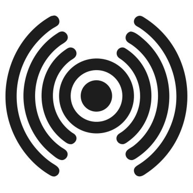 Radyo dalgalarını ya da sinyal gücünü temsil eden siyah eşmerkezli daireleri gösteren bir dalga: radyo dalgası, sinyal, yayın, iletim, iletişim,...