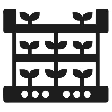 Siyah bir siluet simgesi, her bir bölümde büyüyen küçük fidanlarla çok katmanlı dikey bahçe sistemini tasvir eder.