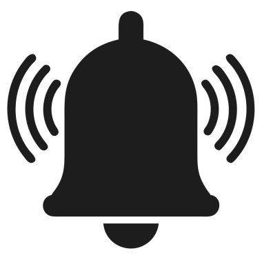 Ses dalgalarını gösteren kıvrımlı çizgileri olan siyah bir çan silueti, bir uyarı veya uyarı simgesi..