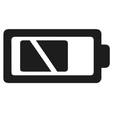 Minimalist bir siyah beyaz pil ikonu düşük güç seviyesini betimliyor, temiz beyaz arka planda sunuluyor..