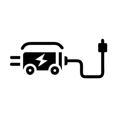 Siyah bir ikon, beyaz arka plandaki bir kabloyla şarj prizine bağlı, tekerlekli bir elektrikli araba, bir yıldırım sembolü tasvir eder..