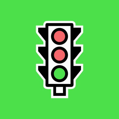 Kırmızı ve yeşil ışıklı, parlak yeşil arkaplan üzerine kurulmuş, stilize bir trafik ışığı simgesi.