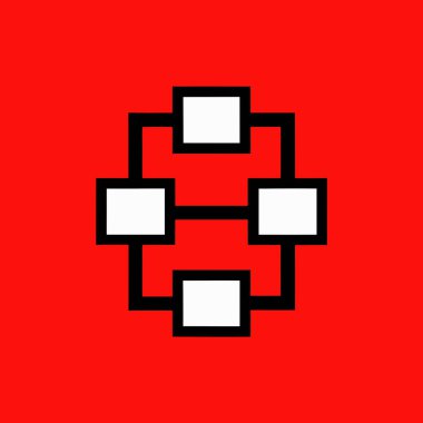 Katı kırmızı zemin üzerinde siyah çizgilerle birbirine bağlı dört beyaz kareye sahip bir ağ yapısını tasvir eden bir geometrik simge.