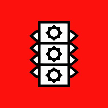 Beyaz kareler içinde üç yıldız patlaması şeklindeki bir trafik ışığının minimalist bir grafiği katı kırmızı arkaplana karşı..