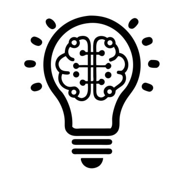 Bir ampulün siyah ana hatları içinde şekillendirilmiş bir beyin barındırır, ışık saçan noktalar bir fikir veya düşünceye işaret eder..