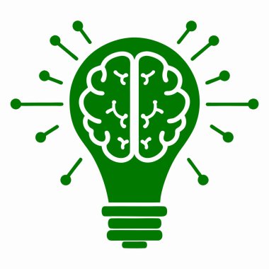 Beyaz beyin hatları çizili yeşil bir ampul silueti. Beyaz arka planda bir fikri sembolize ediyor..