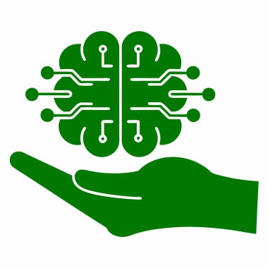 Açık yeşil palmiye, zekaya teknolojik desteği sembolize eden devre kartı yolları ve düğümleriyle betimlenmiş bir beyni destekler.