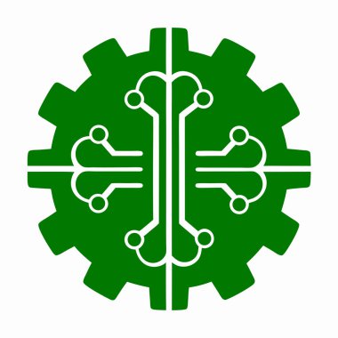 Beyaz devre çizgileri ve dairesel düğümleri olan, teknolojiyi ve yeniliği temsil eden, beyaz arka planda izole edilmiş yeşil bir dişli..