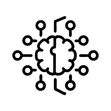 Beyaz zemin üzerinde dairesel bağlantı noktaları ve devre elementleriyle çevrili biçimlendirilmiş bir beynin siyah ana hatlı simgesi.