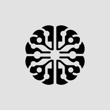 Beynin devre kartı elementlerine sahip siyah stilize edilmiş bir simgesi düz açık gri bir arkaplan üzerine kuruludur..