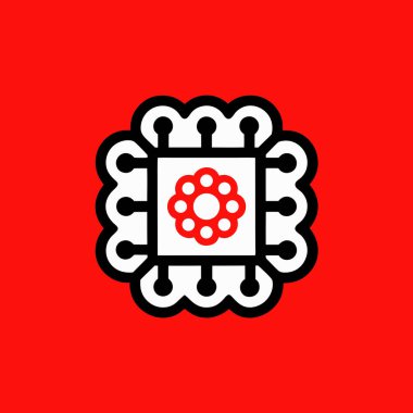 Merkezinde kırmızı çiçek deseni olan bir kare çip simgesi, katı kırmızı bir arkaplan üzerine kurulmuş..