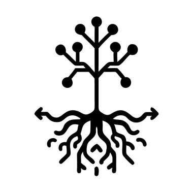 Beyaz arka planda devre kökleri ve dışa dönük okları olan biçimlendirilmiş dijital bir ağacın siyah silueti.