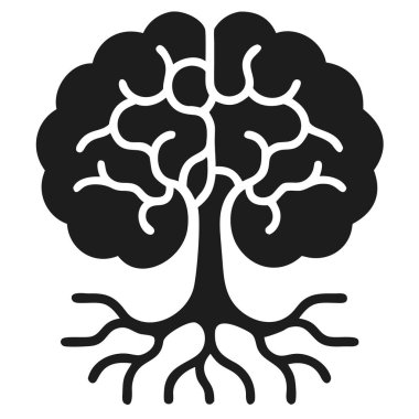 Ağacın insan beyni şeklinde bir gölgesi ve beyaz arka planda belirgin kökleri olan siyah beyaz bir simgesi..