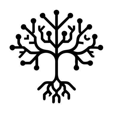 Devre levhası benzeri dal ve kökleri olan bir siyah dijital ağaç simgesi, teknoloji ve bağlantıyı sembolize eden beyaz bir arkaplanda sunulmaktadır..