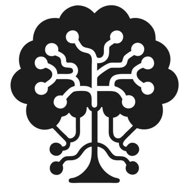 Siyah ve beyaz bir ikon, zeka ve teknolojiyi sembolize eden beyin şeklindeki gölgelik ve dijital bağlantılara sahip bir ağaç tasvir ediyor..