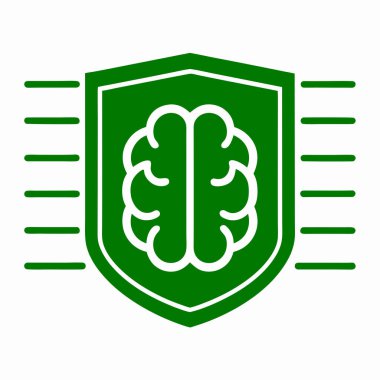 Yeşil bir kalkan simgesi, yapay zeka güvenliği ve dijital korumayı temsil eden beyaz bir beyin ve devre kartı elemanlarına sahiptir..