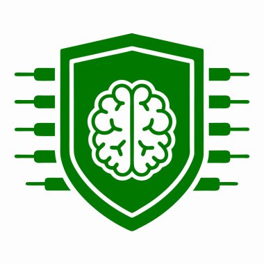 Yeşil bir kalkan simgesi, AI güvenlik ve veri korumasını simgeleyen beyaz bir beyin ve devre kartı pimlerini gösterir.