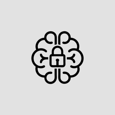 Merkezinde asma kilit olan bir beynin minimalist siyah çizgi sanat simgesi katı gri bir arka planda sunulur..