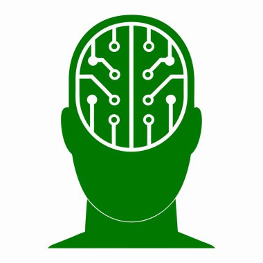 Beyaz arka planda beyni temsil eden simetrik beyaz devre kartı desenli yeşil bir insan kafası silueti..