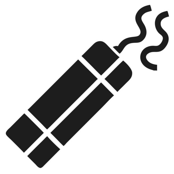 Черный силуэт динамитовой палки с зажженным предохранителем, излучающим огоньки дыма, изображенный на белом фоне.