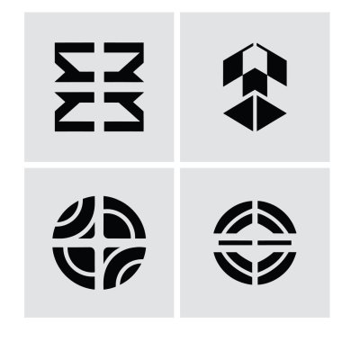 Soyut geometrik şekillerin ve minimalist tasarımların sofistike bir koleksiyonu açık gri arka planda sergilenmektedir. Bu vektör grafikleri modern ve yaratıcı bir estetik sunar, markalaşma, logo tasarımı ve tasarım elemanı anonsu için uygundur